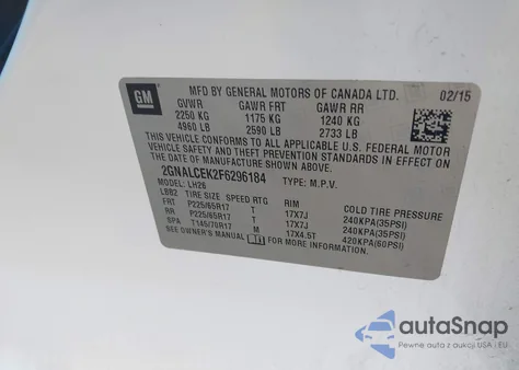 2015 Chevrolet Equinox 2Lt из США, поврежденный, VIN 2GNALCEK2F6296184
